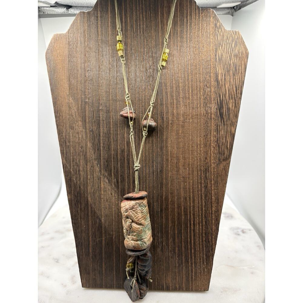 Vintage VTG Hand made pottery pendant necklace with beads